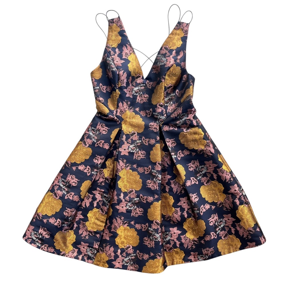 TOPSHOP 2 Metallic Gold Pink Navy Floral Jacquard Brocade Plunge Mini Dress Chic